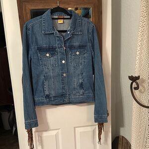 Scully Classic Blue Jean Jacket with Leopard Print Fringe Back & Sleeves